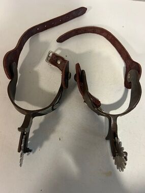 Western Leather Spur Straps with Metal Rowel Spurs - Brown